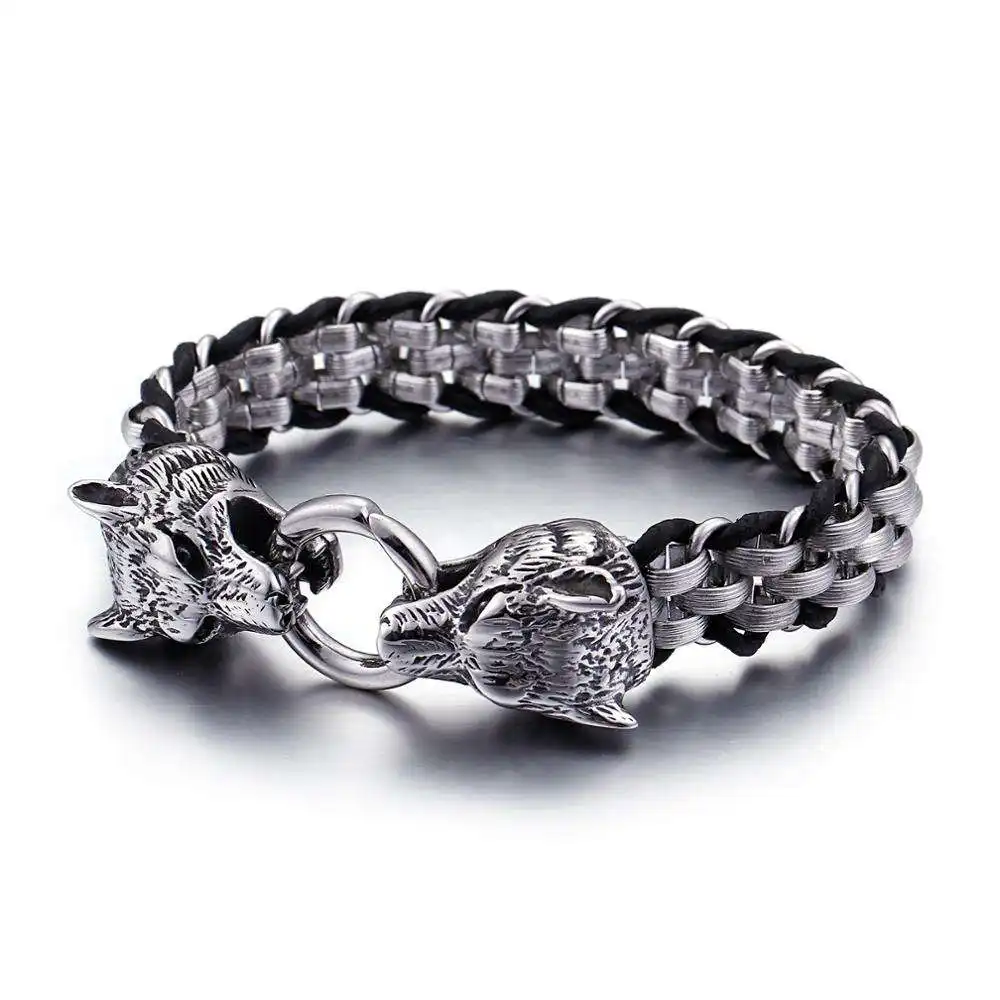 KALEN Stainless steel Leather Animal Wolf Bracelet Silver Bracelet For Men