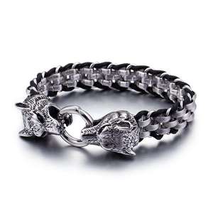 KALEN <span class=keywords><strong>Bracciale</strong></span> in Acciaio Inossidabile <span class=keywords><strong>e</strong></span> Pelle con Motivo Lupo, <span class=keywords><strong>Bracciale</strong></span> <span class=keywords><strong>Argento</strong></span> per <span class=keywords><strong>Uomo</strong></span> - Product Image 1