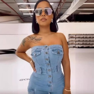Tuta in denim sexy da <span class=keywords><strong>donna</strong></span> con top a tubino, multitasche e multibottoni, stile cowboy, per il commercio estero - Product Image 4