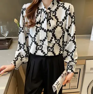 Kaus kantor pita desain bunga, baju blus leher sedang wanita - Product Image 1