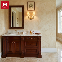 Meuble-lavabo double vasque HappyHouses American Classic en bois massif, armoire sculptée, plinthe solide, plateau en marbre pour salle de bain de villa