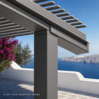 Pergola moderne intelligente en aluminium à lattes effet bois avec éclairage RGB contrôlable par application et capteur de pluie automatique