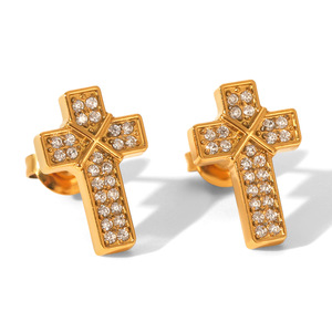Pendientes de tuerca cruzados de diamante de acero inoxidable chapado en oro para mujer joyería de moda <span class=keywords><strong>E536</strong></span> - Product Image 5