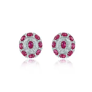 Sterling Silver Genuine Oval Ruby earring Gemstone Oval Halo Stud Earrings