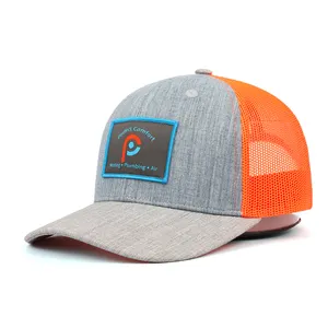 Hot Selling Produkte Großhandel 6 Panel Adult Strukturierte Heather Grey Denim Krempe Fluoreszenz Orange Mesh Woven Patch Trucker Hut