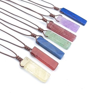 Handgemachte geflochtene braune Wachs Seil geometrische unregelmäßige flache lange Rechteck Naturstein Kristall Anhänger Halskette - Product Image 5