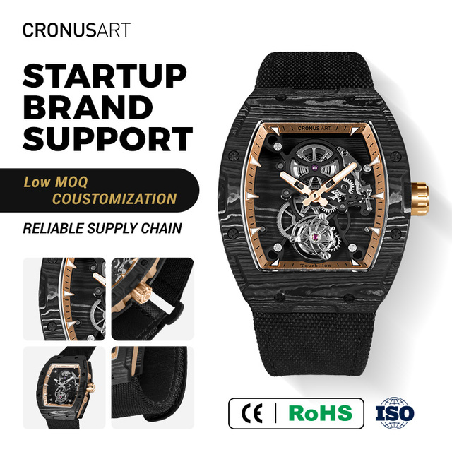 CRONUSART Skeleton Tourbillon Watch Personalized Men's Mechanical Watches Carbon Fiber Tonneau Watch with Interchangeable Parts
