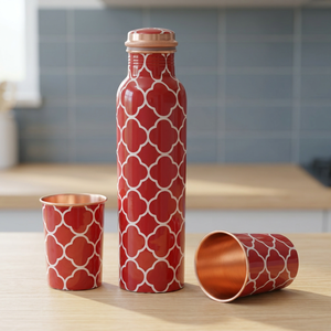 Enamel Copper Water Bottle Round Metal Flask with Lid and Cup Pattern <b>Drinkware</b> for Home Office Travel Gift - Indian Home Crafts - Product Image 3