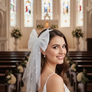 <span class=keywords><strong>Voile</strong></span> de mariée PESENAR avec nœud et perles, coiffe de mariage en tulle blanc - Product Image 5