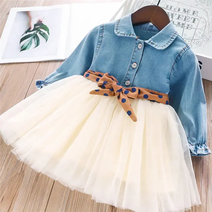 2020 spring children dresses new Korean style fashionable long-sleeved denim skirt kids girl dress with wave-point belt