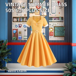 Robe mi-longue vintage tissée unie pour femme, manches courtes, boutonnée sur le devant, style années 50-60, pour le bureau, les fêtes, rockabilly, swing, rétro, pin-up, grandes tailles - Product Image 2