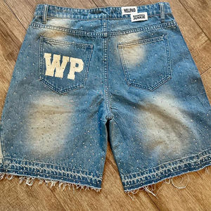 Custom Rhinestone Embroidery Applique Raw Hem Distressed Joining Jeans <strong>Shorts</strong> Men Sun Faded Denim <strong>Shorts</strong> - Product Image 4