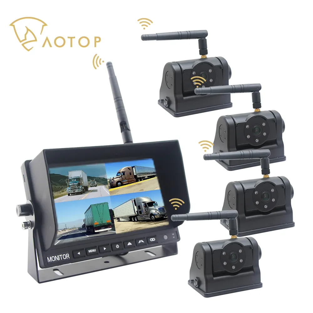 720p Wireless Truck Blind Area Video Monitor Solution Quad View Monitor AHD Parking Reversing Camera System Wireless Car Camera