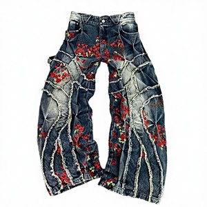 Jean Y2K de haute qualité, coupe bootcut, ample, jambe large, effet usé, broderie, coupes et coutures, streetwear, denim, délavé, vintage - Product Image 3