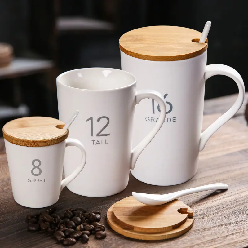 Factory Directly For Wholesale Custom Exquisite Holiday Gift Cup Bamboo Cover Office Ceramic Cup With Spoon And Handle