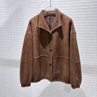 Veste en cuir pour femme en daim de chèvre, simple boutonnage, poignets et ourlet élastiques, coupe-vent, décontractée pour le printemps
