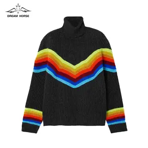 AiNear Wholesale Custom Logo Design Oem Odm Long Sleeve Turtleneck Rainbow Striped Men's Wool Ribbed Knitted Pullover Sweater
