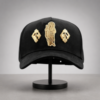 Topi Baseball 5-Panel Hitam Oxford Vintage Washed, Aksen Etnik Hip Hop, Figur Santo Yudas Logam Perak, Kristal Berkilau, Salib, Titik, dan Buah-buahan