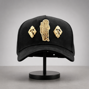 Casquette de baseball vintage noire délavée à 5 panneaux, style ethnique hip-hop, avec figurine <span class=keywords><strong>Saint</strong></span> Jude en métal argenté et écussons croix en cristal scintillant, respirante - Product Image 4