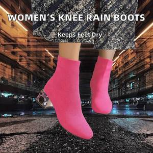 Newest Women Knee-High <b>Slip</b>-<b>On</b> Platform Autumn Winter Rain <b>Boots</b> Casual Stretch Fabric Outdoor Waterproof Windproof Rhinestone - Product Image 2