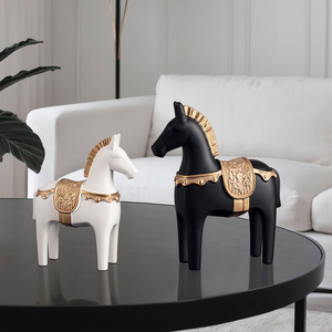 Ornement de cheval de style chinois en résine, artisanat décoratif noir et blanc, lot de 2 pièces, décoration pour salon, entrée, bureau, salle d'étude - Product Image 2