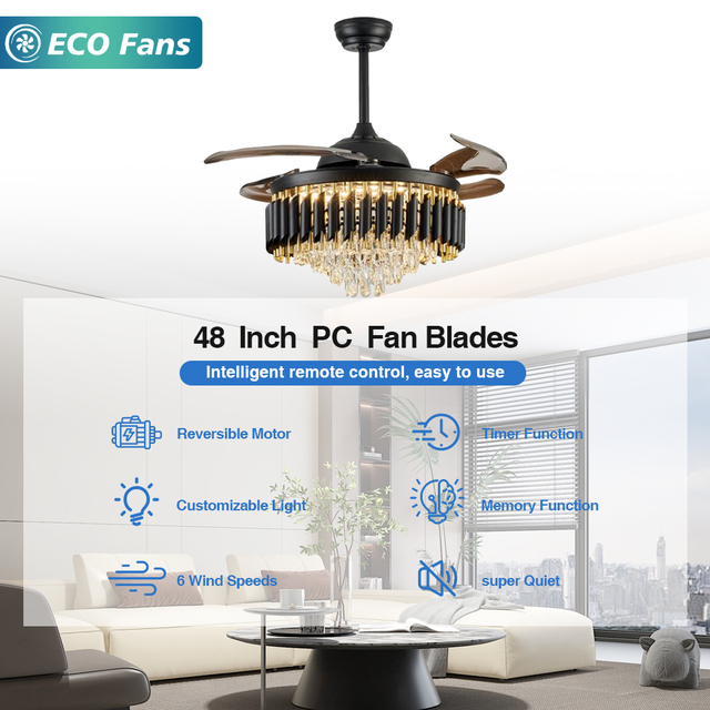 48" Contemporary European Crystal RGB Ceiling Fan with BLDC Motor, Black Finish and Remote Control for Living Room