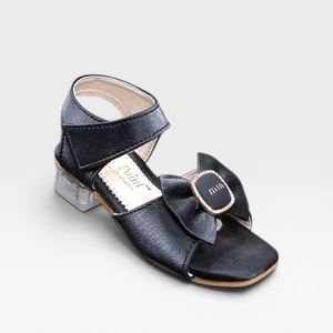 Girls Black Party Wear <b>Sandals</b> with <b>Bow</b> Design Transparent Block Heel Adjustable Ankle Strap Fashion Footwear - Product Image 1