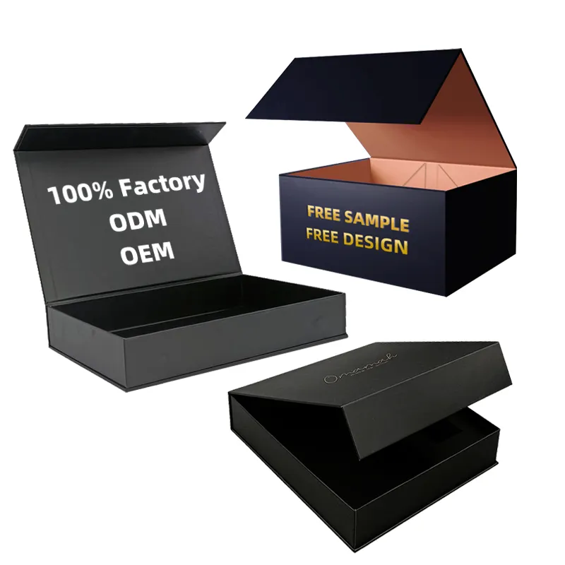 Kotak hadiah lipat kertas hitam daur ulang kustom kemasan kotak kertas magnetik dengan penutup magnet