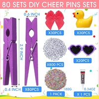 Lot de 80 pinces de rangement en bois colorées transfrontalières, mini-nœuds de cheerleading, canards et cœurs, modèle DIY pour sacs d'école JZ044