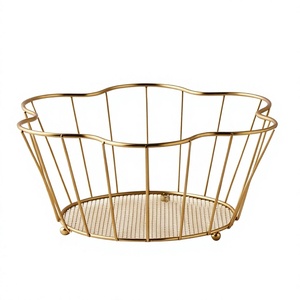 Modern Gold Wire <b>Fruit</b> <b>Storage</b> Basket Wavy Rim Open Metal Bowl Kitchen Table Top Vegetable Holder - Product Image 1