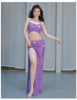 Sexy Brillant Sequin Strap V-cou Sans Manches Tak Tops avec Jupe Longue 2 Pièces Costumes Costume pour Danse Du Ventre Performance Porter