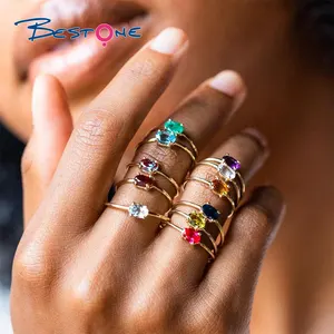 خواتم للأصابع بأربعة مخالب متعددة الألوان من الزيركونيا المكعبة مجوهرات خاتم بذيل مزين بحجر ميلاد من الفولاذ المقاوم للصدأ