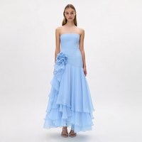 Nouvelle Robe Midi Femme Bleu Clair Sans Bretelles, Bustier Plissé, Volants Asymétriques Superposés à Motifs Floraux 3D, Vente en Gros Personnalisée