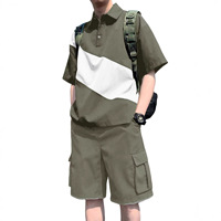 Ensemble décontracté d'été pour hommes, coupe ample, respirant, tricoté, color block, polo et short cargo 5 points – Vente en gros personnalisée