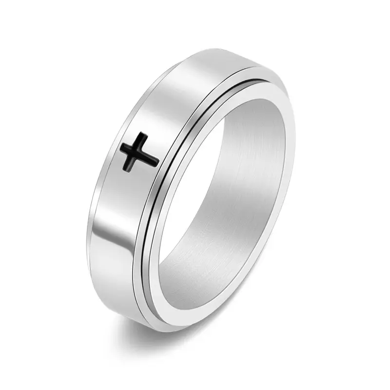 Religious 6mm Stainless Steel Christian Cross Rotating Ring Spinner Wedding Band Statement Promise Cross Rings Jewelry Women Men
