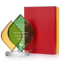 Trophée en cristal vierge en forme de feuille dégradé jaune-vert, grande surface de gravure, écologique, récompense d'entreprise, vente chaude