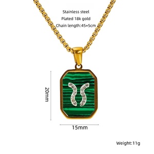 Collier zodiaque en malachite verte de luxe léger quotidien, plaqué or 18 carats, pendentif carré en acier inoxydable pour femmes, tendance, serti pavé - Product Image 6