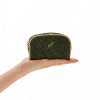 Ensemble de trousses de maquillage en polyester vert olive avec paillettes, fermeture éclair, logo brodé personnalisé, trousse de toilette portable pour femmes