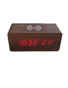 Wireless mobile phone charging wooden clock LED voice-controlled electronic clock smart wooden alarm clock