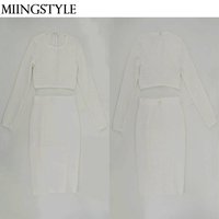 Ensemble élégant blanc deux pièces pour femme : haut à manches longues et jupe bandage, style chic pour le bureau et les soirées
