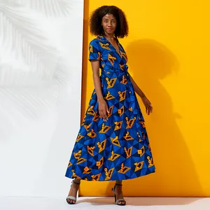 Gaun Lengan Pendek Wanita Desain Baru Musim Semi Leher V dengan Motif Afrika dengan Sabuk Pakaian Pasangan 100% Kain Lilin Katun