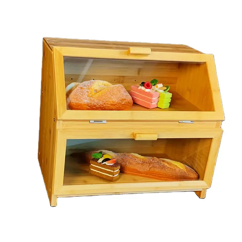 factory FSC&BSCI Kitchen Bamboo Bread Box for Kitchen Counter - Double Layer Bread Storage with Clear Windows