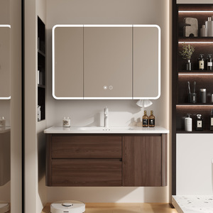 Meuble de salle de bain en aluminium nid d'abeille couleur noyer avec vasque intégrée en céramique - Product Image 1
