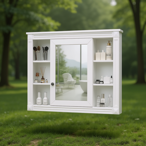 Armoire de rangement murale moderne pour salle de bain 35'' x 28'' avec miroir en verre à cadre blanc anti-buée et étagères ouvertes, design rectangulaire - Product Image 2