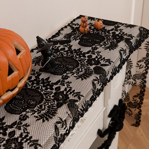 2025 New Style Different Size Party <strong>Black</strong> Lace Skull <strong>Table</strong> Flag <strong>Table</strong> <strong>Runners</strong> for Home Halloween Decorations - Product Image 1