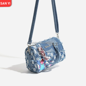 New Cute Cartoon Stitch Patchwork Denim Lace Checkerboard Shoulder <strong>Bag</strong> Handbag for Women - Product Image 5