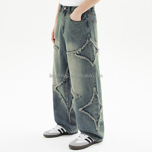 Unisex yüksek sokak yıkama ham kenar gevşek kot pamuk gevşek düz grafik aplike nakış yıkama yüksek kaliteli Denim pantolon erkekler - Product Image 3