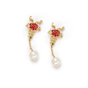 [งานแสดงเครื่องประดับนานาชาติฮ่องกง]ต่างหูดีไซน์ดอกโบตั๋นเคลือบทองประดับทับทิมและมรกตสำหรับสไตล์นีโอไชนีส - Product Image 2