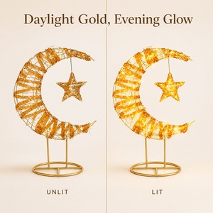 Lampe <span class=keywords><strong>LED</strong></span> Chaude en Forme de Croissant de Lune et Étoile pour l'Aïd du Ramadan, Petite, en Bois Tressé avec <span class=keywords><strong>Ruban</strong></span> Ambré, Réutilisable, Durable, à Piles AA, Décoration Lumineuse Féerique - Product Image 3