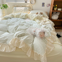 Parure de lit quatre pièces coréenne verte en polyester/coton, comprenant une housse de couette, un drap et des taies d'oreiller, à rayures, impression réactive, 200TC